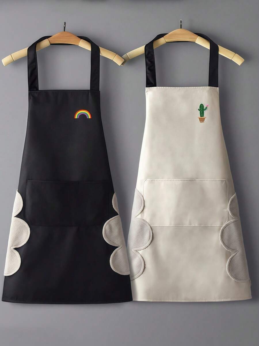 带手帕口袋的围裙，男女通用工作服 - 简约印花设计，家用烹饪围裙 | 简约印花围裙 | 耐用塑料围裙，适用于厨房、客厅、浴室清洁，可水洗 - 彩色 - 查看 1