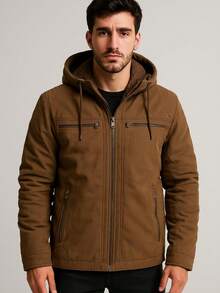 Men's Twill Jacket With Removable Lined Hood - Rust Brown - View 1