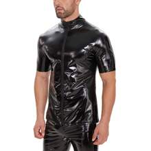 Men Glossy PU Leather Short-Sleeved Shirt Erotic Shaping Sheath Casual Coat Male Shiny Metallic Leather Tops Sexi