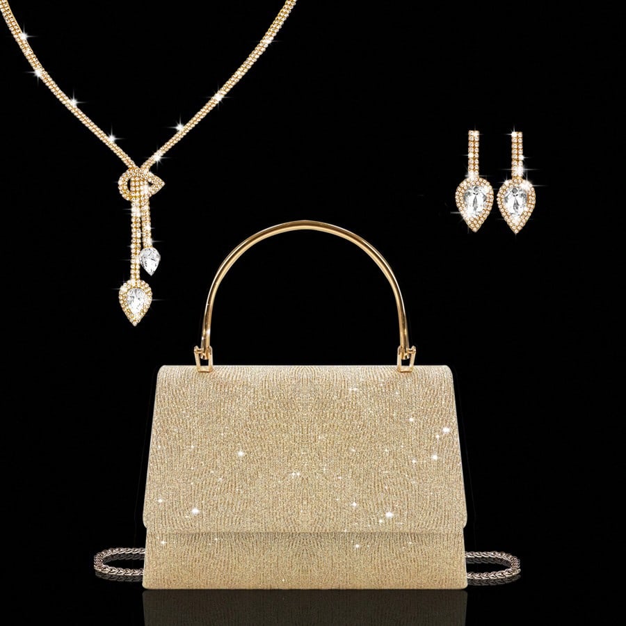 Elegante bolso de mano de noche para mujer, bolso de hombro de lujo exquisito con conjunto de 3 piezas de joyería de cristales brillantes, bolso de h