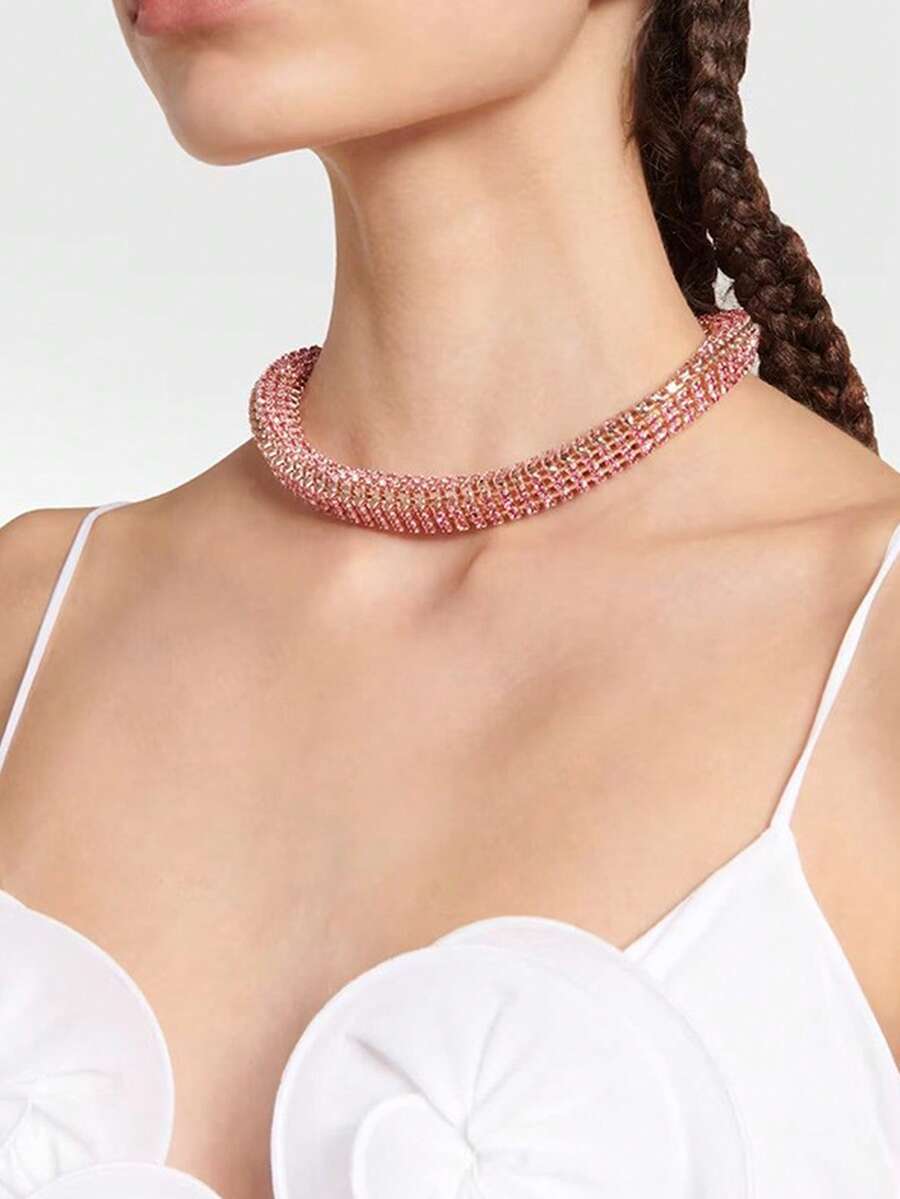 1pc European And American Style Geometric Rhinestone Necklace, Delicate Choker Necklace For Women - Gold - View 1