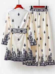 Women's Spring And Summer Boho Middle East Floral Print Loose Trousers Long Sleeve Belt Suit Home Leisure Travel - màu đen - Xem 5