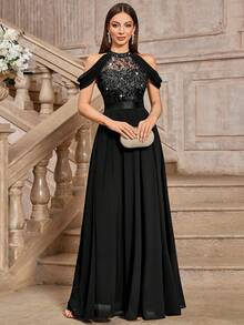 MIUSOL 优雅高领亮片花卉蕾丝露肩晚礼服