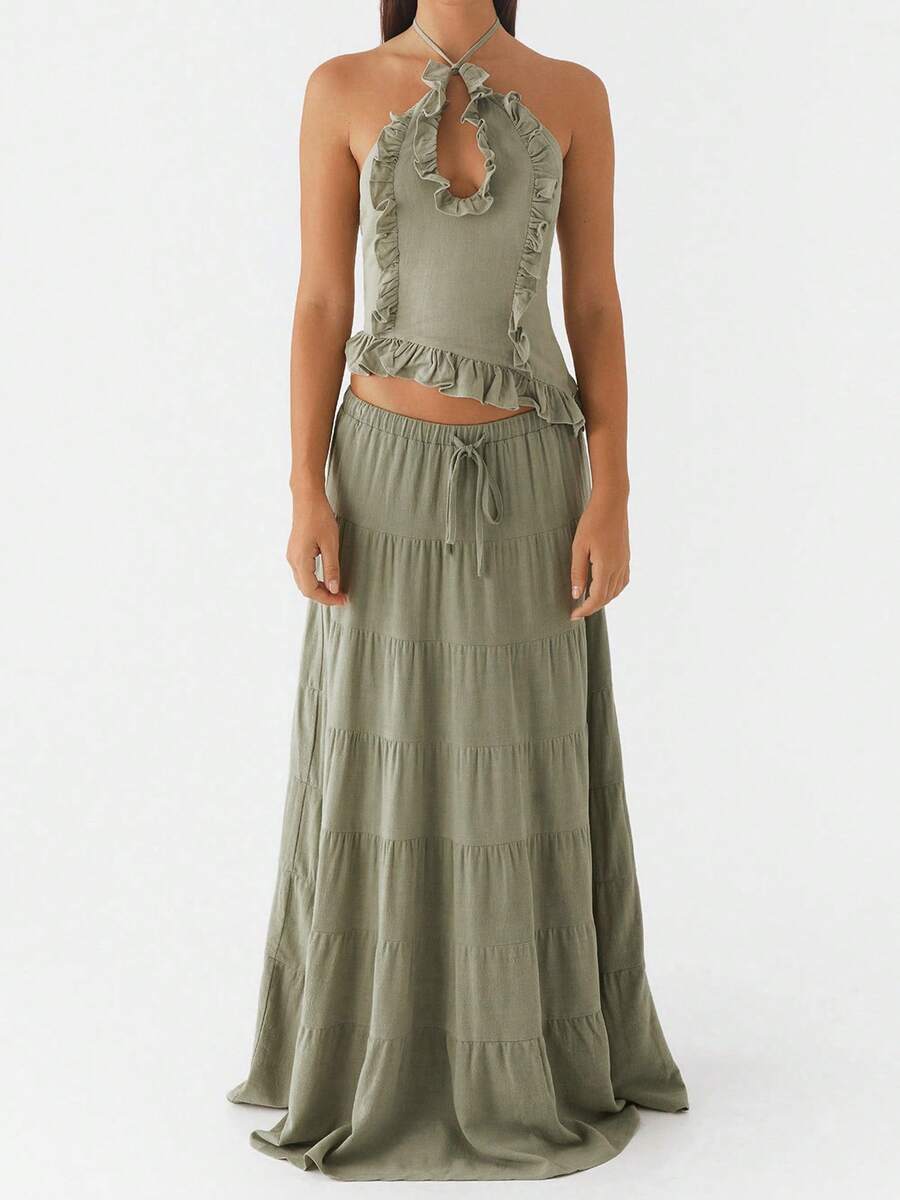 Women's 2 Piece Skirt Outfits Halter Neck Ruffle Trim Tops Long Flowy Skirt Set - Green - View 1