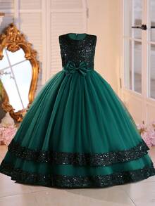 Girls Dress Floral Princess Tulle Dress For Children, Wedding Party Flower Girl Dress, Stage Performance Puff Skirt - Dark Green - View 5