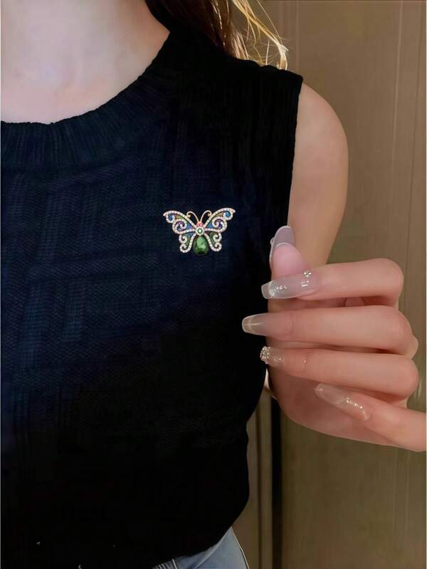 Green Crystal Butterfly Brooch, Cute Colorful Butterfly Lapel Pin, Insect Brooch For Blouse, Jacket, Dress, Sweater, Holiday Accessories, Fashion Slip-Proof Pin, Suitable For Women, Girls, Dresses, Shirts