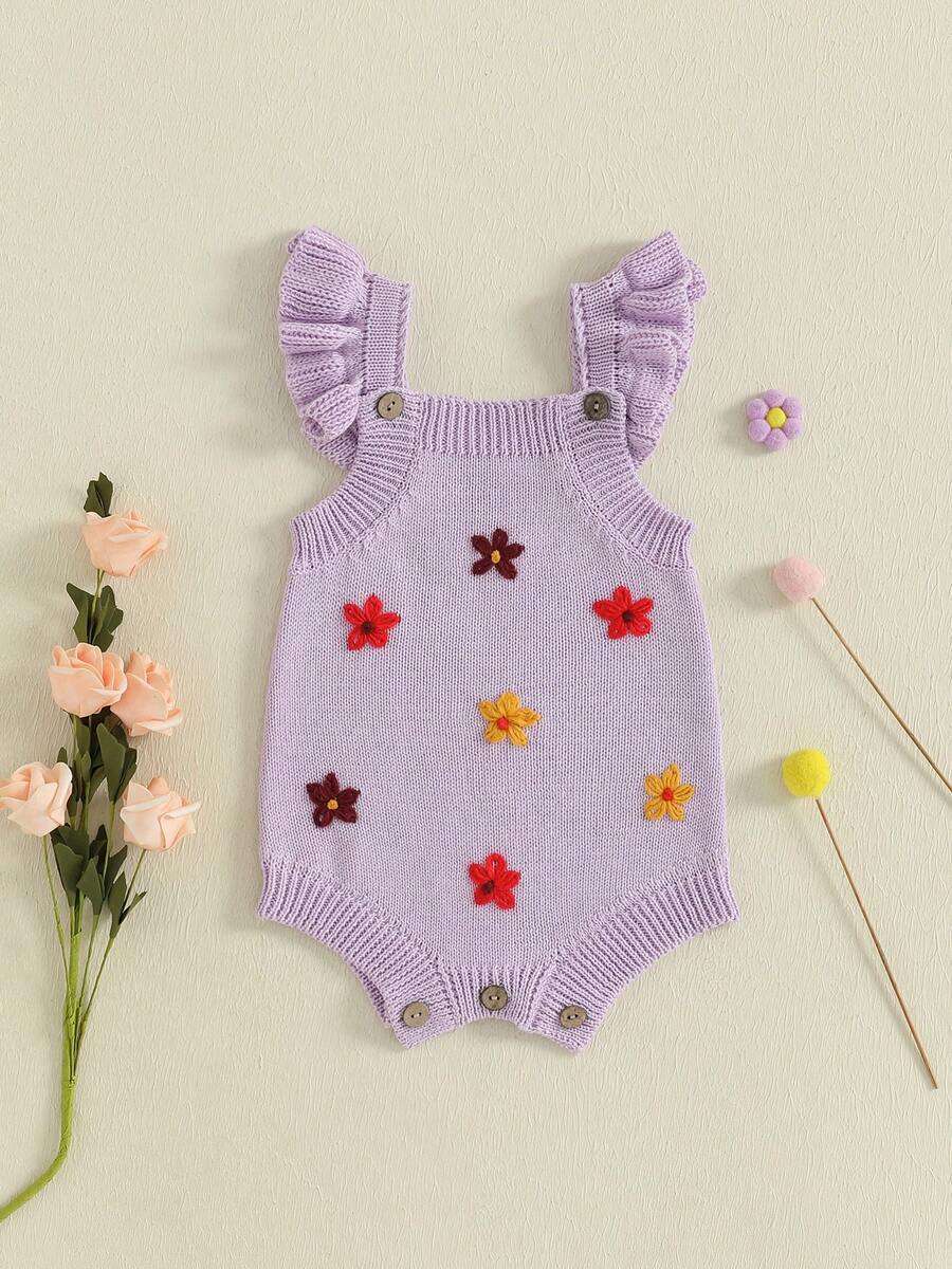 Baby Girls Spring Summer Knit Jumpsuits Flying Sleeve Flower Embroidery Overalls - Purple - View 1