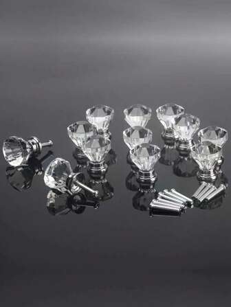 10 piezas de tiradores de cajón de cristal sintético, adecuados para cajones, armarios, tocadores, gabinetes, puertas de gabinete, habitaciones de niños, armarios para zapatos, hechos de material de cristal sintético ABS, con asas con forma de diamante modernas, incluye tornillos