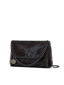 女士时尚休闲单肩斜挎包，手工编织翻盖邮差包，可折叠女包，2025春季新款涤纶材质 - 黑色 - 查看 2