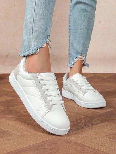 New Fashion White & Grey Patchwork Casual Shoes, Lace Trim Design, Durable & Comfortable, Suitable For Outdoor, Street, Training, Convenient Lace-Up, Round Toe, Simple Outdoor Shoes For Women, Suitable For Party, Daily, Sport, Work, Holiday Gift