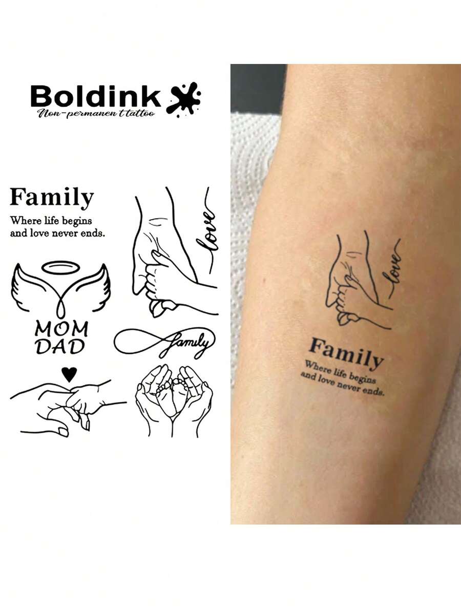 Boldink Family Commemorative Tattoo Sticker - Non-Permanent Waterproof | Sweet Mini Designs For Parents & Couples | Natural Matte Finish Lasts 2 Weeks | Simple 3-Step Application | Safe Temporary Tattoo Choice - Black - View 1