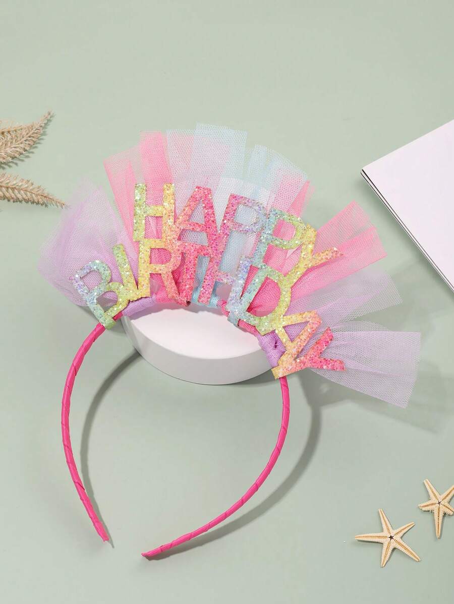 1pc Fuchsia Mesh & Glitter "Happy Birthday" Headband, Party Decorations
