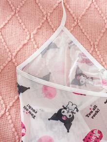 Sanrio 1pc Women's  Digital Printing Cartoon Cute,Pink V-Neck,Halter,Sheer,Backless And Hollow Out,Lettuce Trim,Babydolls,Sexy Lingerie,Sexy Nightgown Dress - Pink - View 6