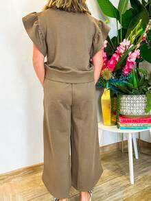 Acelitt Summer Solid Color Knitted Textured Ruffle Sleeve Zipper Top And Wide Leg Pants Set, Casual For Home And Going Out - Brown - View 2