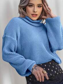 Women's Cold Weather Blouse Turtleneck Knitted Sweater - Biru - View 2