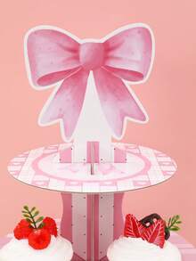 1Set 3 Tiers Pink Bow Cupcake Cake Stand, Pink Theme Party Decoration,Princess Birthday Party Decor Cardboard Cupcake Stand Holder,Cupcake Tower Dessert Holder, Birthday Party BabyShower Party Display Supplies,Table Decor - Pink - View 7