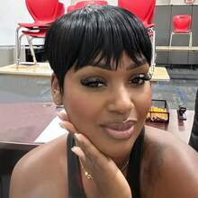 1 Pc Straight Short Pixie Cut Human Hair Wigs For Women Brazilian Remy Hair 4 Inch Layered Machine Made Wigs With Bangs Black Color Pixie Cut Wig For Daily Use 150% Density - Natural Black - View 5