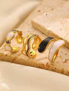 3 件套时尚不对称黑白双色不锈钢戒指套装，时尚设计适合女性日常佩戴 - 彩色 - 查看 5