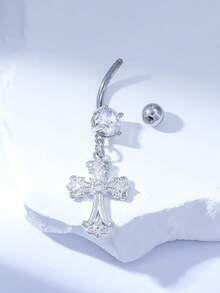 1 pieza Anillo de ombligo de cristal glamoroso en forma de cruz, apto para uso diario de mujeres, fiesta de cumpleaños, reuniones en la playa - Plateado - Ver 4