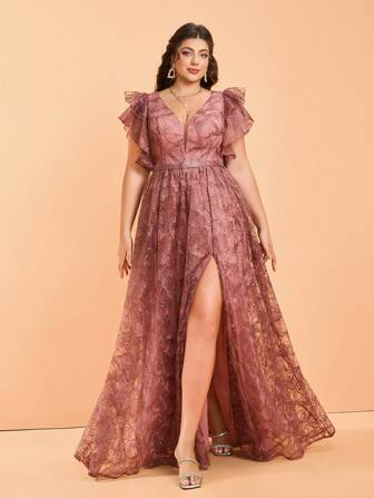 Plus Size V-Neck Embroidered Lace Ruffle Sleeve Front Slit Luxurious Evening Gown, Bridesmaid Dress