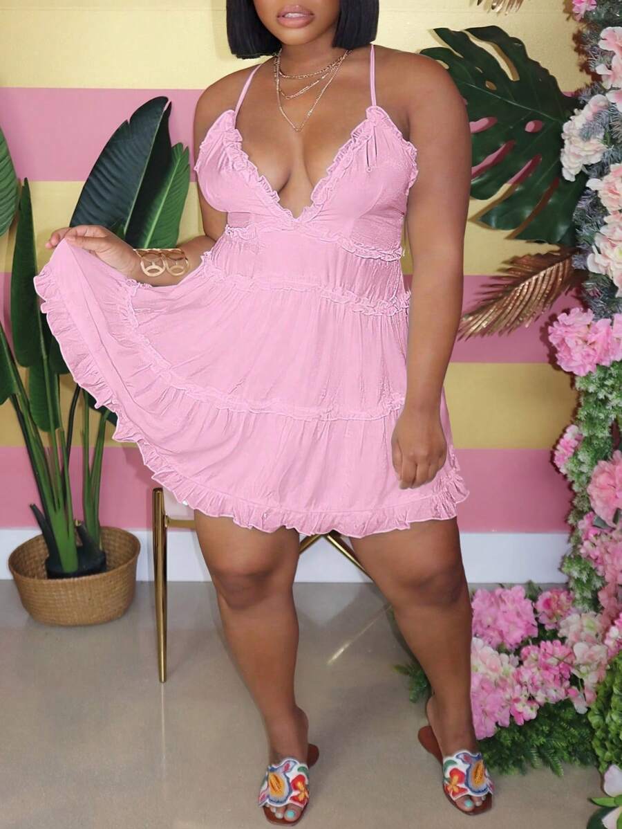 Vestido de playa sin tirantes con volante en el bajo, unicolor, tallas grandes, adecuado para uso diario y vacaciones