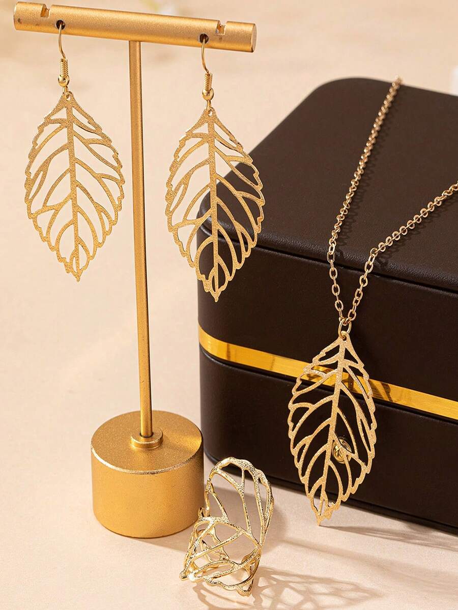 Set de 4 piezas de joyería elegante con collar, anillo y aretes con hojas huecas de diseño simple, adecuado como regalo para vacaciones y para usar en la vida diaria de las mujeres