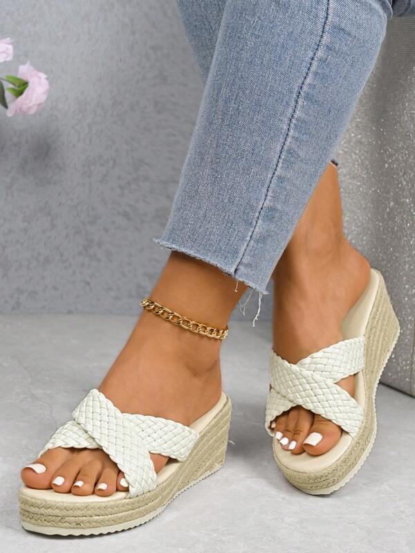 Women's Vacation Platform Sandals With Single Strap & Espadrille Wedge Heel, Plus Size