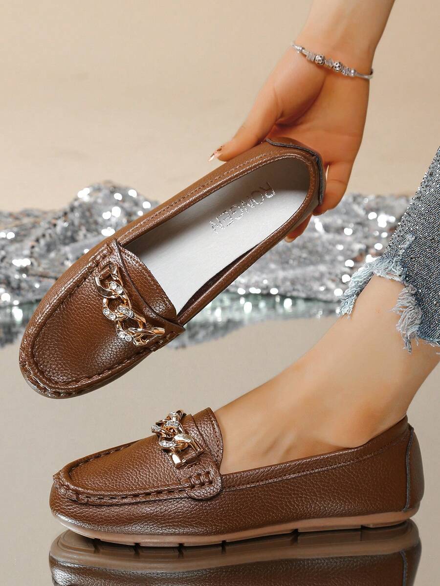 Women's Spring New Arrival Golden Chain Elegant Slip-On Loafers, Lightweight Comfortable Versatile Rubber Flat Shoes - Coffee Brown - View 1