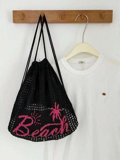 Articolo di moda: Nuova borsa da spiaggia leggera estiva con motivo a palme, zaino/borsa a tracolla in maglia all'uncinetto con design traforato, zaino secchiello pieghevole di grande capacità con coulisse per donne, perfetto per spiaggia, vacanza, attività all'aperto, viaggi, shopping, perfettamente abbinabile agli accessori dello zaino, zaino preppy per la scuola