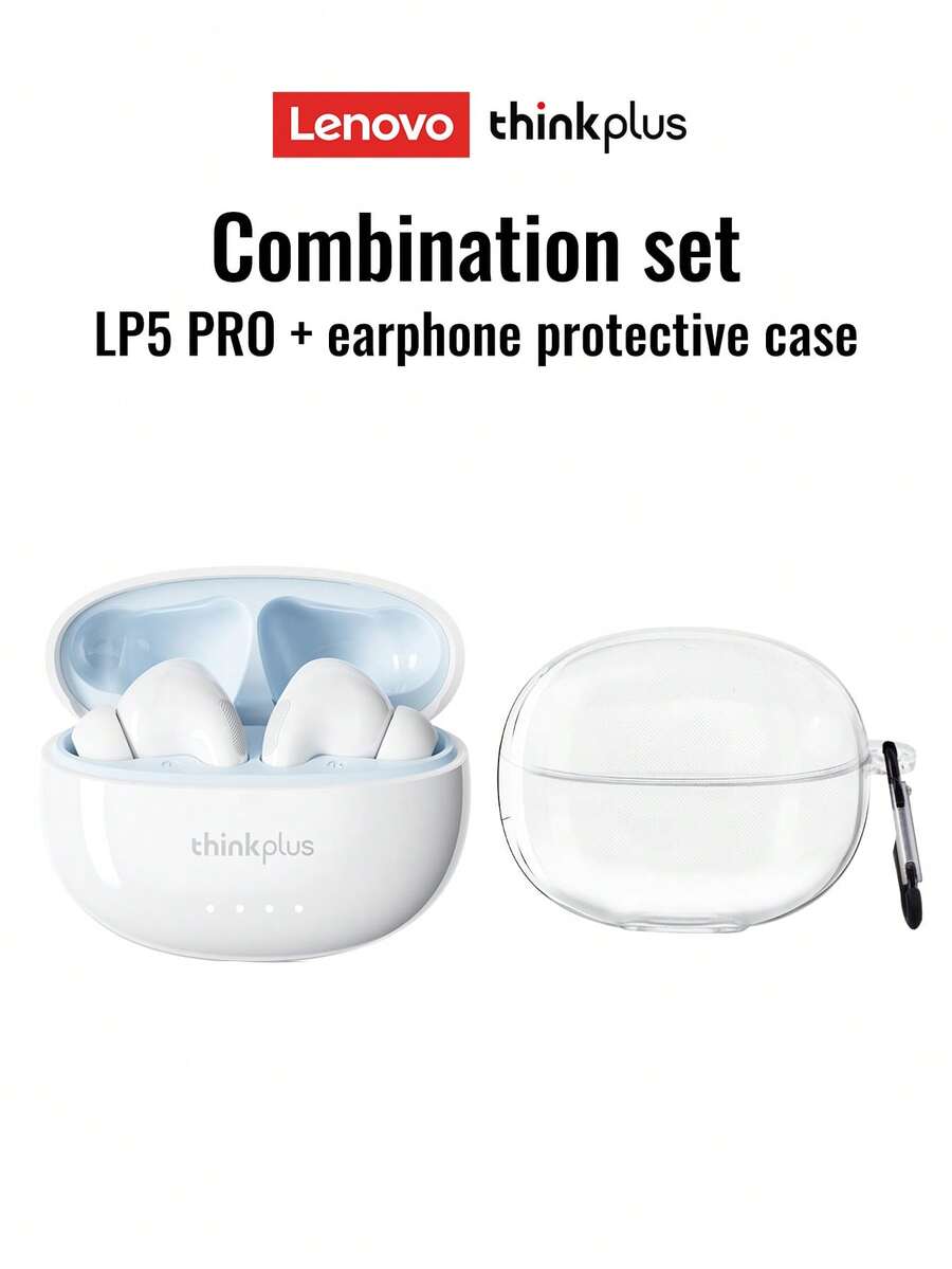 Lenovo 联想 LP5PRO 白色蓝牙耳机,带透明保护壳,入耳式立体声,高清语音通话,带麦克风,音乐、游戏、运动,低延迟,持久电池寿命,硅胶耳塞,佩戴舒适 - 白色+透明保護套 - 查看 1