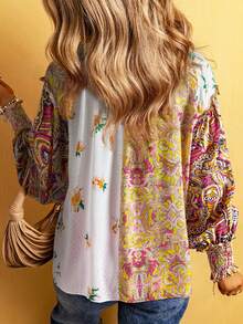 Multi-Color Floral Patchwork Ruffle Cuff Button-Up Shirt Spring - Yellow - View 2