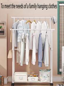 1pc Double Bar Clothes Drying Rack With Wheels, Versatile Multi-Layer Storage Coat Rack, Elegant Lightweight Luxury Hanging Garment Rack, Indoor Standing Clothes Hanger With Smooth-Gliding Casters Perfect For Bedroom, Clothing Store, Commercial Use, Ideal For Holiday Season, Valentine's Day, Mother's Day, New Year, Valentine's Day, Enhance Your Space With Style And Functionality, Maximize Storage Solutions While Keeping Your Clothes Organized And Easily Accessible - White - View 3