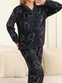 Ropa Para Dormir Mujer Franela Conjunto De Camisón Cárdigan Dama Suave y Cómodo Blusas Y Pantalones - Negro - Ver 7