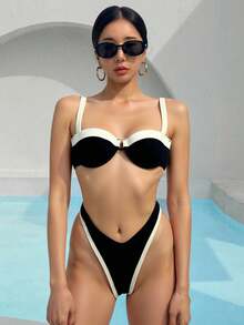 Vestido de playa blanco con cuello en V y volantes de encaje para mujer - Prenda informal de verano - Negro - Ver 2