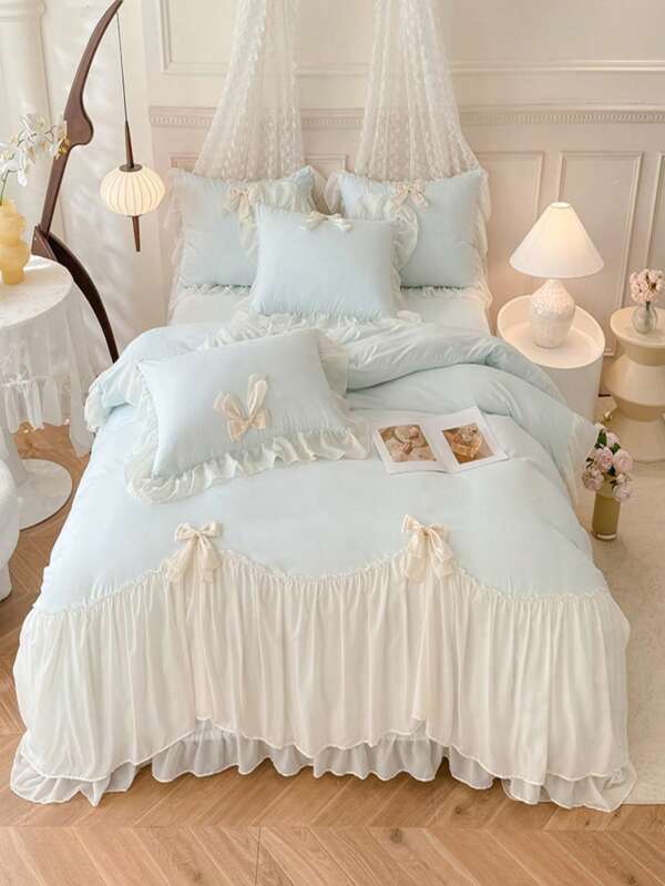3 pièces Set de literie style princesse en dentelle, housse de couette et taie d'oreiller avec décoration en nœud blanc
