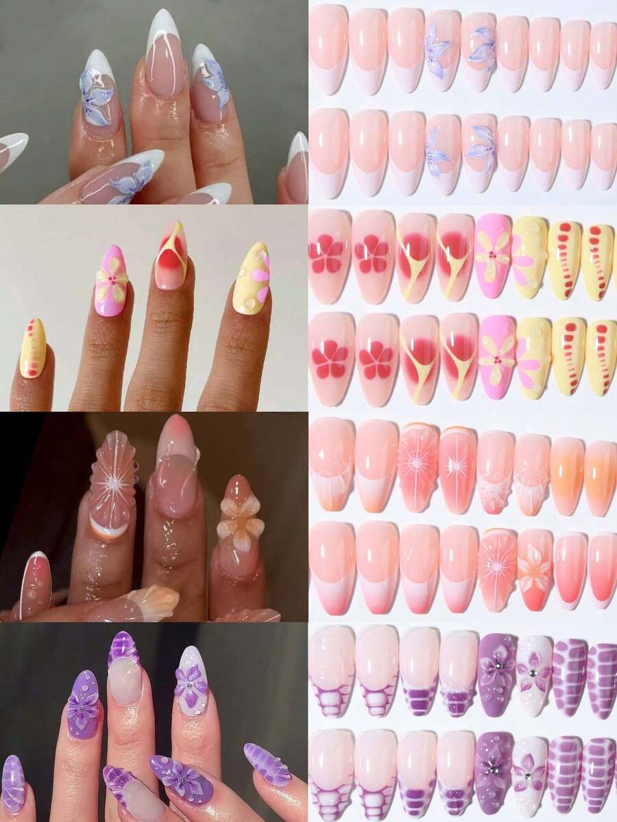 96 件（4 种混合）3D 三维凝胶指甲制作花朵指甲与水钻设计长杏仁法式尖头按压指甲杏仁完美贴合丙烯酸假指甲套装，包括：1 件果冻胶和 1 件指甲锉，花朵指甲和夏季指甲适合女性和女孩日常穿着和派对使用指甲用品指甲 - 彩色 - 查看 1