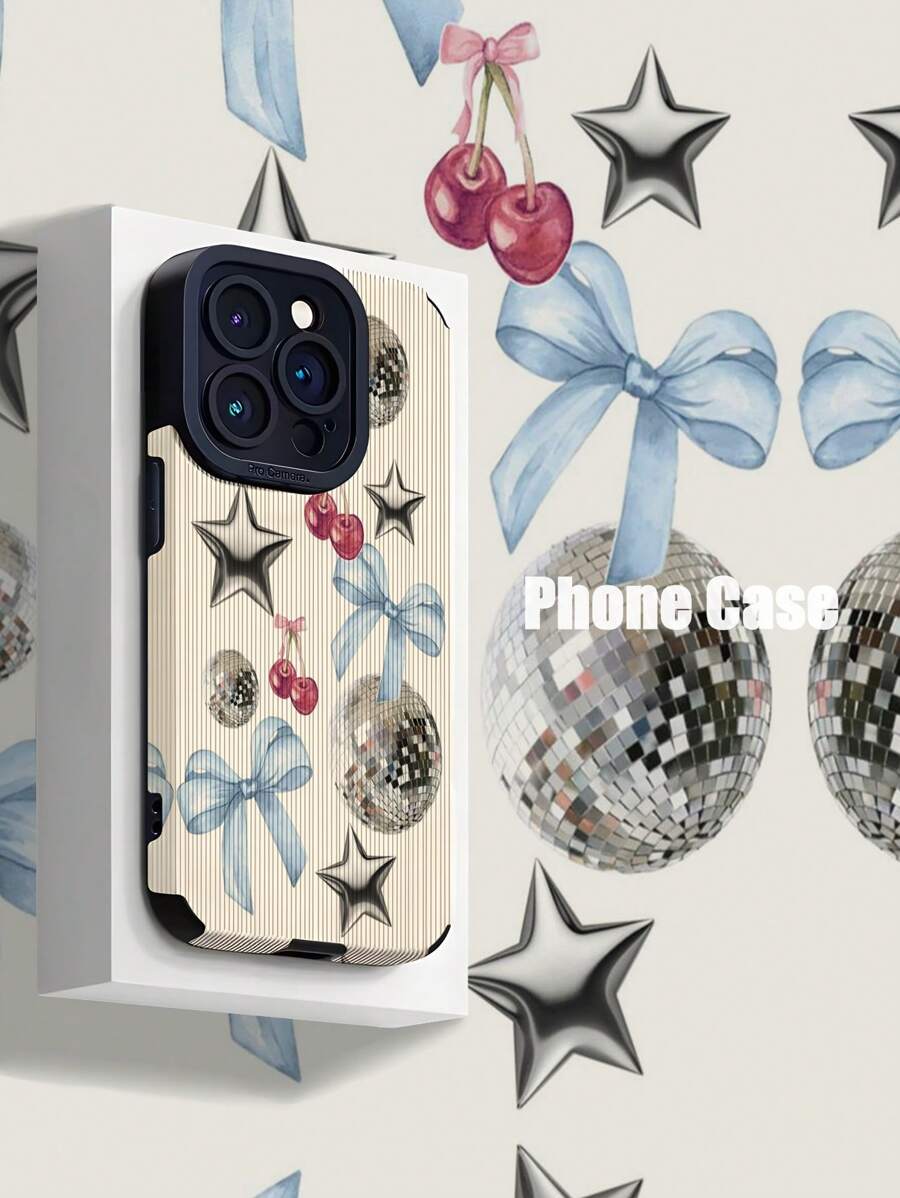 1pc Simple Glitter Ball & Cherry Patchwork Striped Faux Leather Shockproof Soft Phone Protective Case Compatible With Apple/ 16/16Plus/16Pro/16ProMax Waterproof Anti-Fall Scratch Resistant