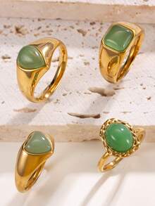 4pcs/Set French Vintage Tiger's Eye Stone Stainless Steel Cocktail Rings For Women, Suitable For Daily Outfit, Festival, Date, Gift - 4 Tiger Eye Rings - View 5