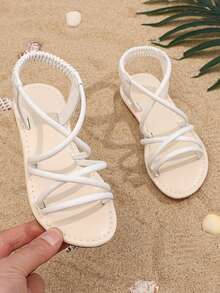 1 Pair Toddler Girls' Plus Size Beige Shiny PU Strap Elastic Back Closed Toe Flat Sandals, Suitable For 3-16 Years Old Students Daily Casual Vacation Wear, Spring/Summer New 2025, Run Small Half Size - White - View 6
