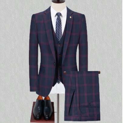 Men's Suit 3 Pcs Regular Fit Formal Business Casual Weddings Party Occasion Striped Grid Notch Lapel Single Breasted