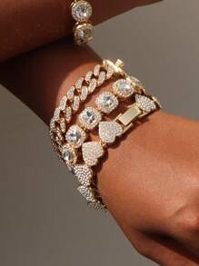 1 Stück/4 Stücke Hiphop Armband für Herren und Damen, rundes oder quadratisches Herz mit voll besetzten Strass, mehrlagige Ketten-Armband Set in Gold und Silber, funkelnde Eisenkette Metall Miami Armband Schmuck zum Valentinstag