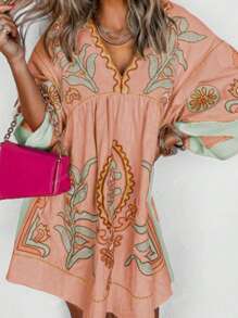 1pc Women Western & Bohemian Style Floral Print Vacation Boho Dress, Suitable For Street, Music Festival, Beach, Summer Casual Outfits
