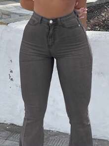 Jeans acampanados de mujer de unicolor, de cintura alta, de ajuste ceñido y elástico, versátiles y casuales