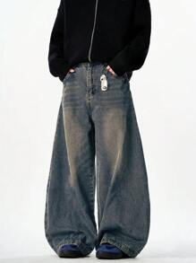 1 pieza Pantalones vaqueros anchos y holgados para hombre con efecto desgastado y lavado vintage, estilo casual y de moda estadounidense