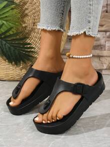 Damen Schwarze Sommer Slip-On Flache Plateau Zehentrenner mit Schnalle, Wasserfest, Rutschfest, Atmungsaktiv, Große Größen Strand Flip-Flops