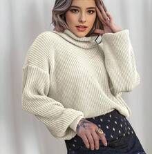 Women's Cold Weather Blouse Turtleneck Knitted Sweater - Beige - View 1