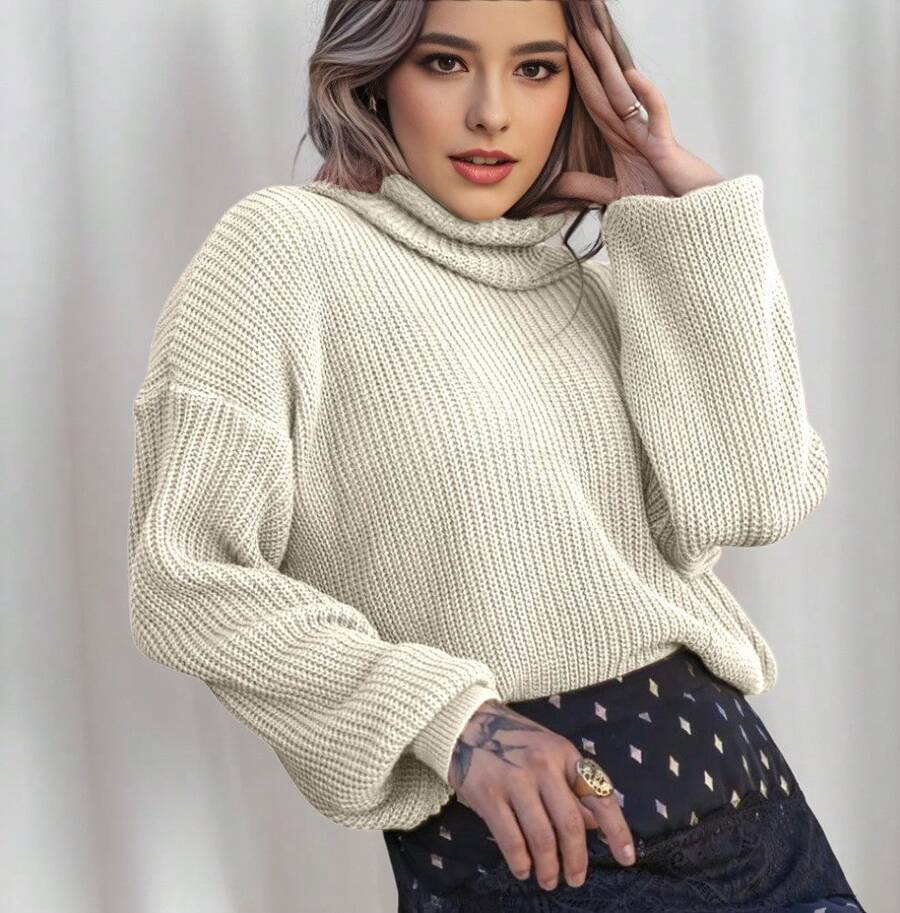 Women's Cold Weather Blouse Turtleneck Knitted Sweater - Beige - View 1