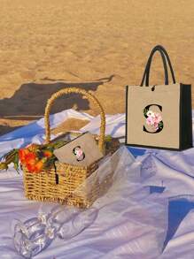 Conjunto com 2 peças: uma bolsa de linho cáqui com iniciais de flores rosa e uma pequena bolsa combinando, simples e elegante, bolsa personalizada para presente de casamento para madrinhas, bolsa de maquiagem, bolsa de viagem simples para armazenamento, carteira de cosméticos de cor sólida, bolsa de maquiagem de viagem com grande capacidade: a combinação perfeita para belezas ao ar livre! Adequada para casamentos, aniversários e praia.