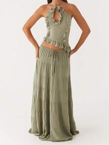 Women's Summer Casual 2 Piece Skirt Outfits Halter Neck Ruffle Trim Tops Long Flowy Skirt Set - 綠色 - 查看 1