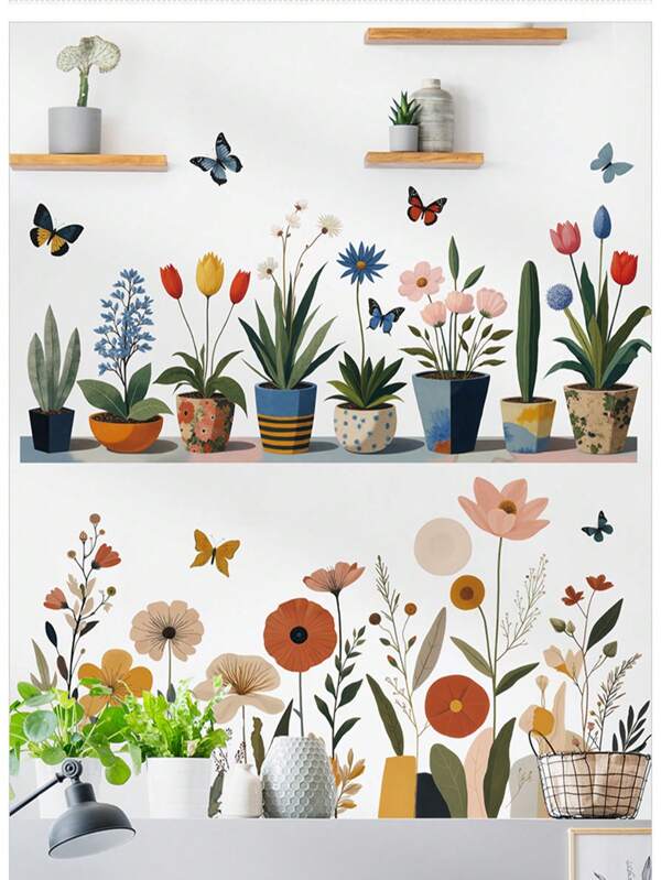 Contemporary Style Wall Sticker, Vibrant Floral And Butterfly Vinyl Floral Decals, Self-Adhesive Stickers For Bedroom, Living Room, Entryway Porch Decoration, Home Decor Room Decor Wall Decor Wall Stickers